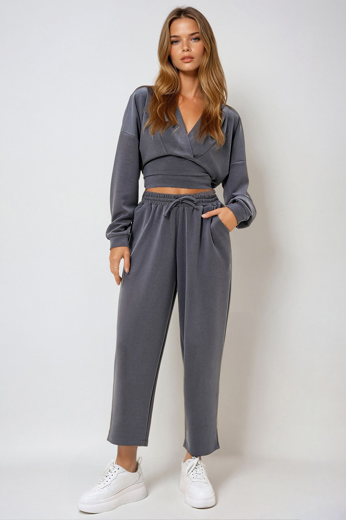 Antrasit Kapüşonlu Kruvaze Yaka Bol Kesim Modal Alt Üst Takım