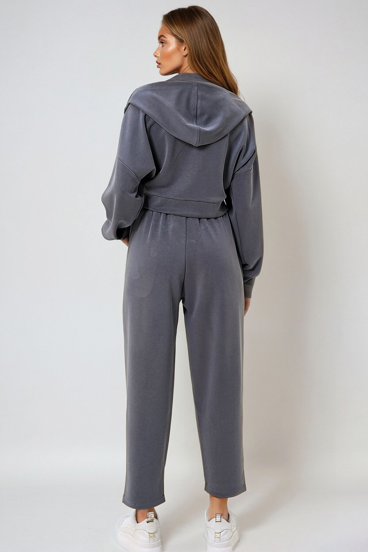 Antrasit Kapüşonlu Kruvaze Yaka Bol Kesim Modal Alt Üst Takım