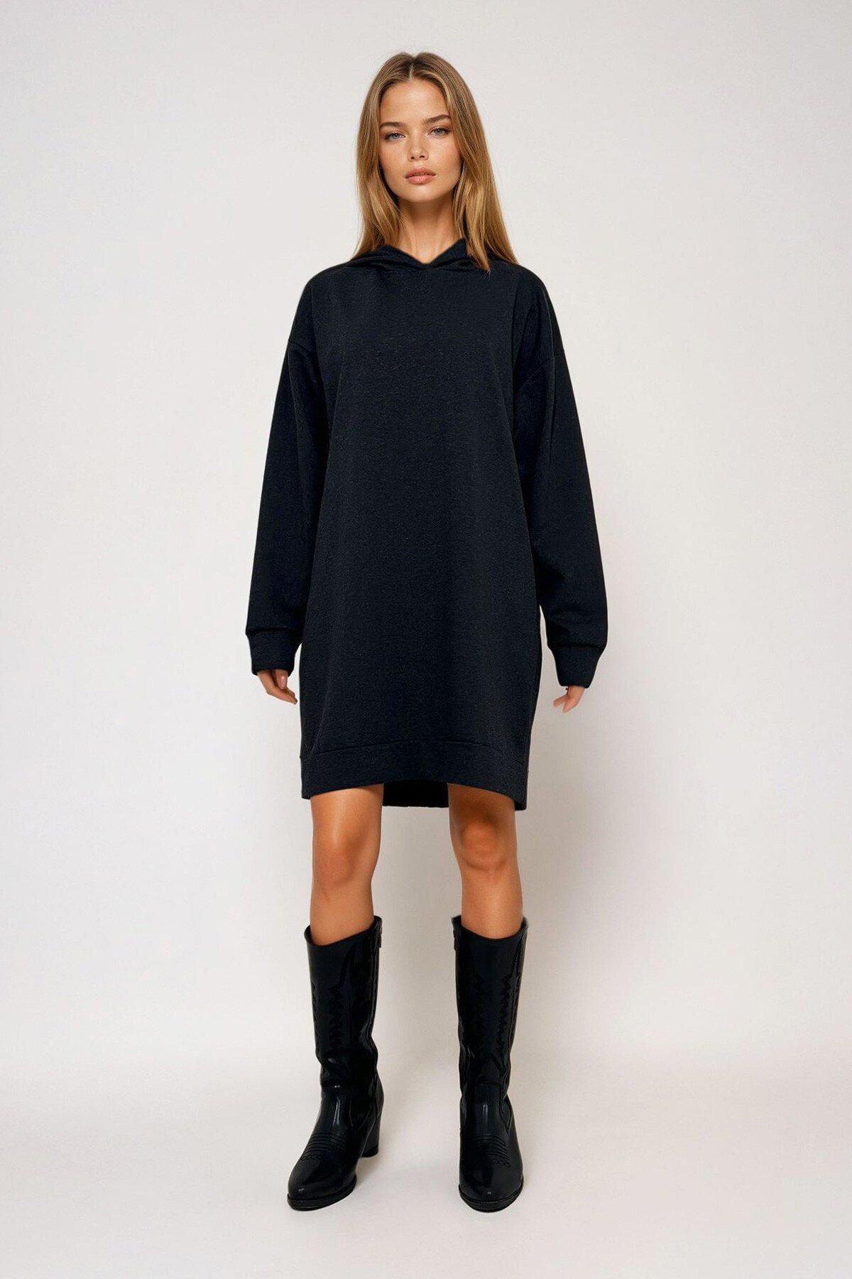 Antrasit Kapüşonlu Sweatshirt Elbise