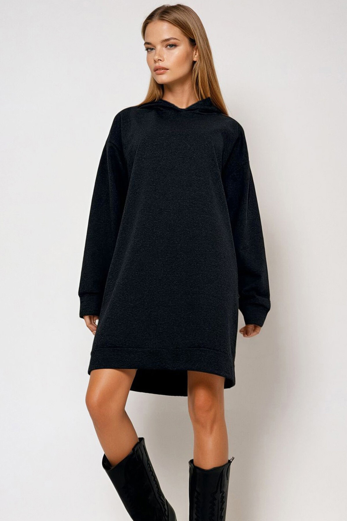 Antrasit Kapüşonlu Sweatshirt Elbise