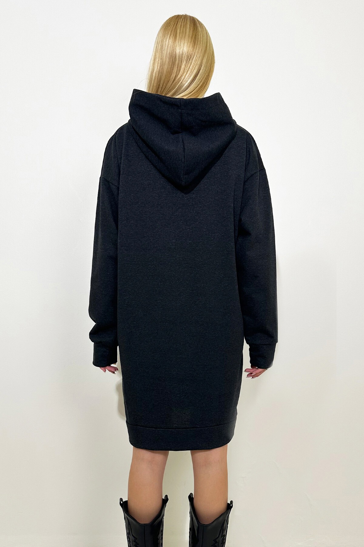 Antrasit Kapüşonlu Sweatshirt Elbise