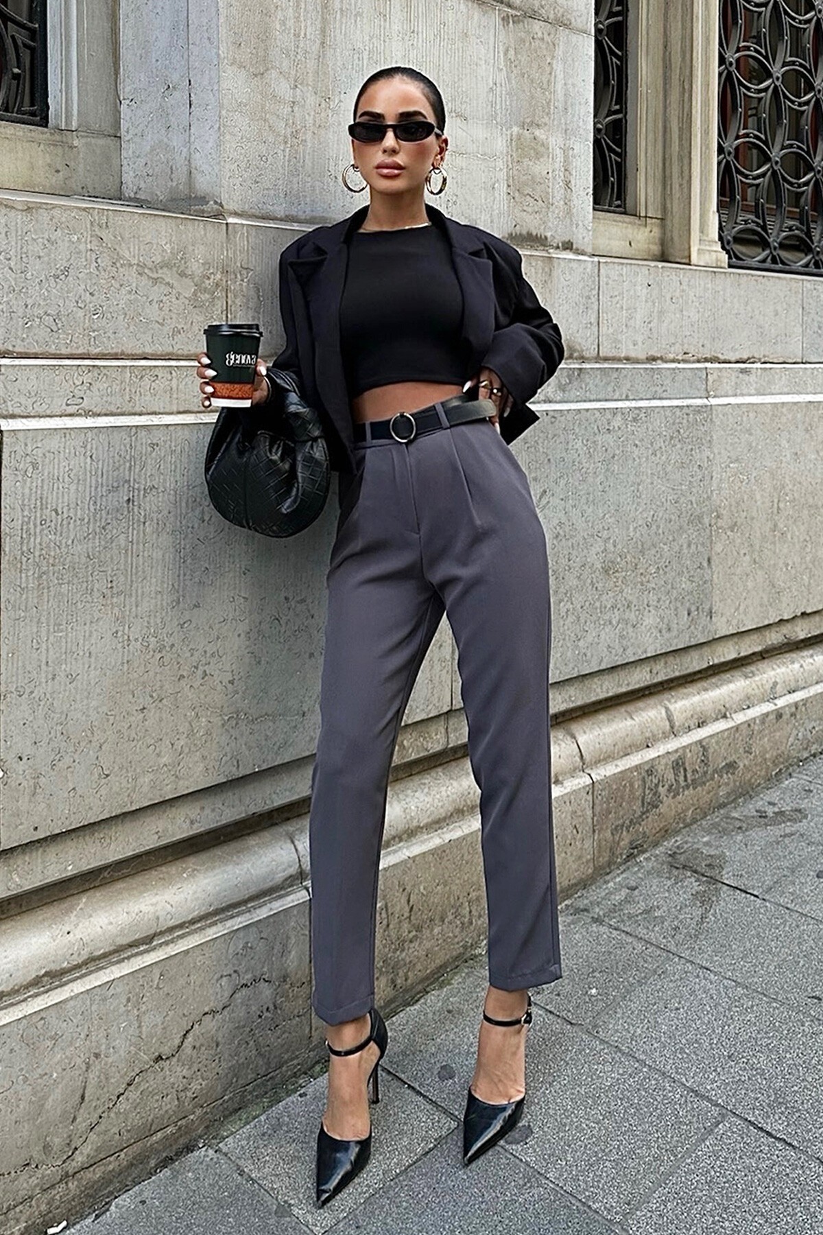 Antrasit Kemerli Palazzo Pantolon