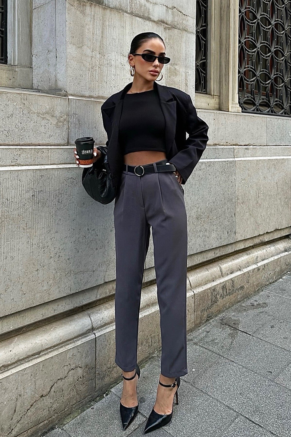 Antrasit Kemerli Palazzo Pantolon