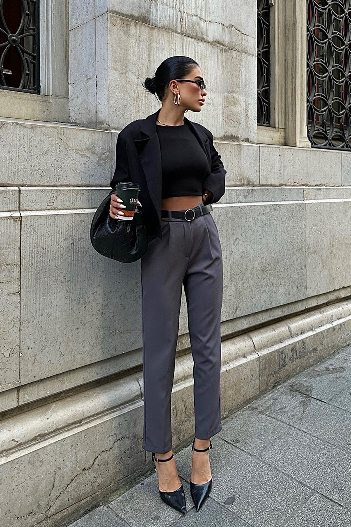 Antrasit Kemerli Palazzo Pantolon