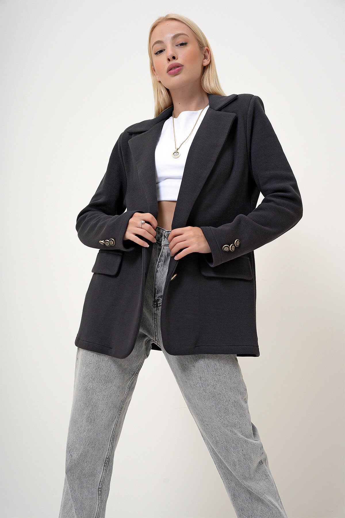 Antrasit Kruvaze Yaka Dokulu Düğme Kapamalı Blazer Ceket