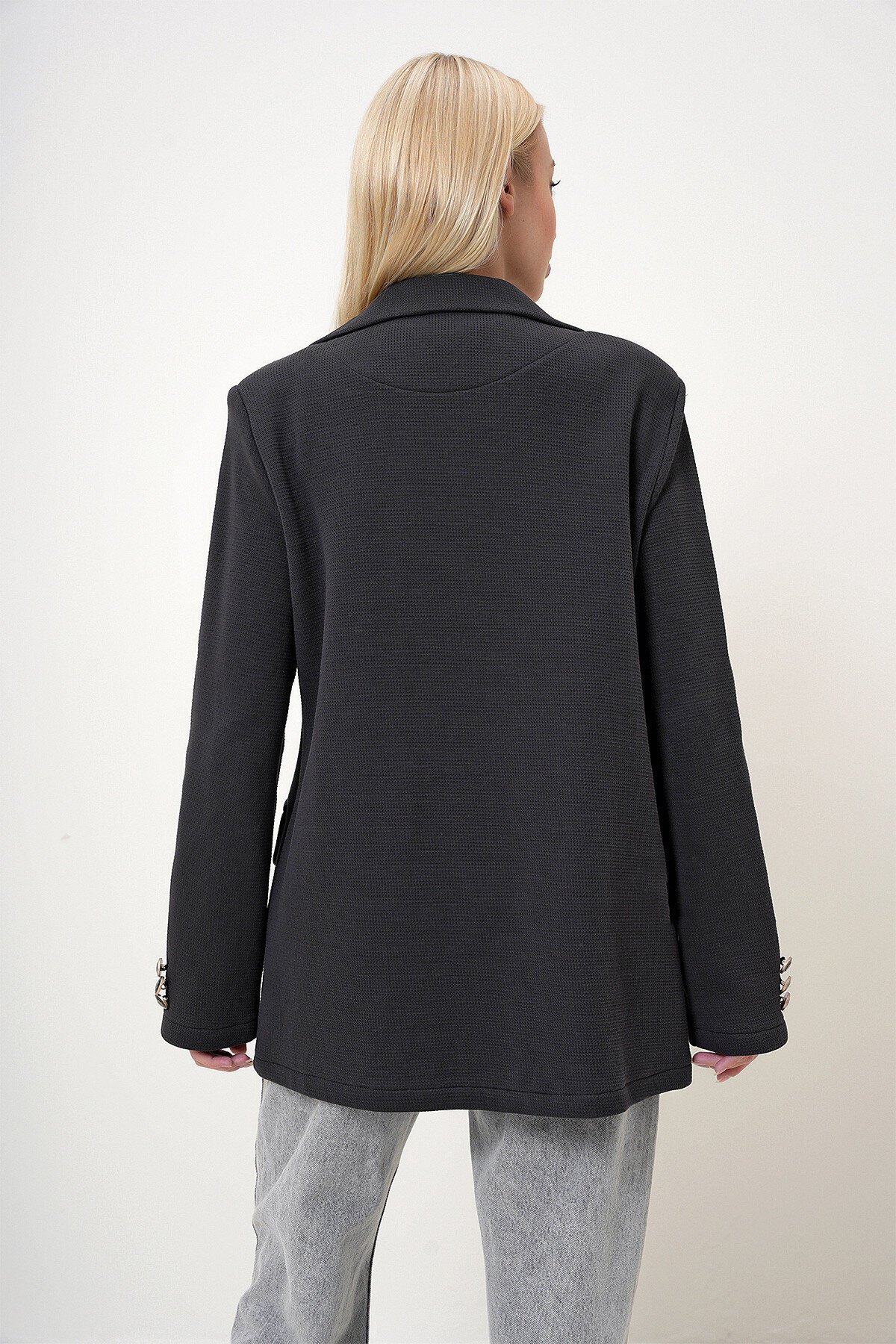 Antrasit Kruvaze Yaka Dokulu Düğme Kapamalı Blazer Ceket