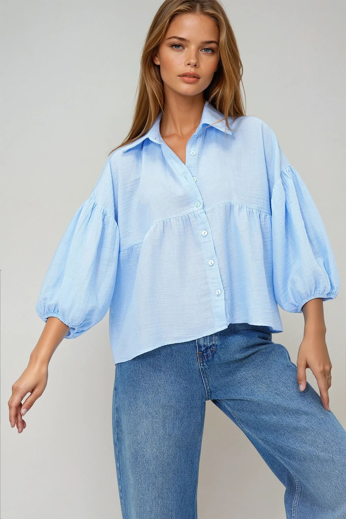 Bebe Mavi Balon Kol Lastikli Eteği Volanlı Keten Gömlek