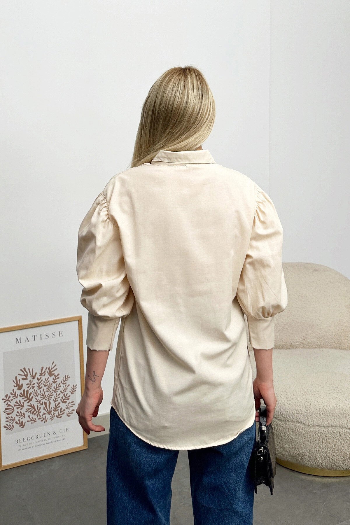 Bej Balon Kol Gizli Patlı Dokuma Gömlek