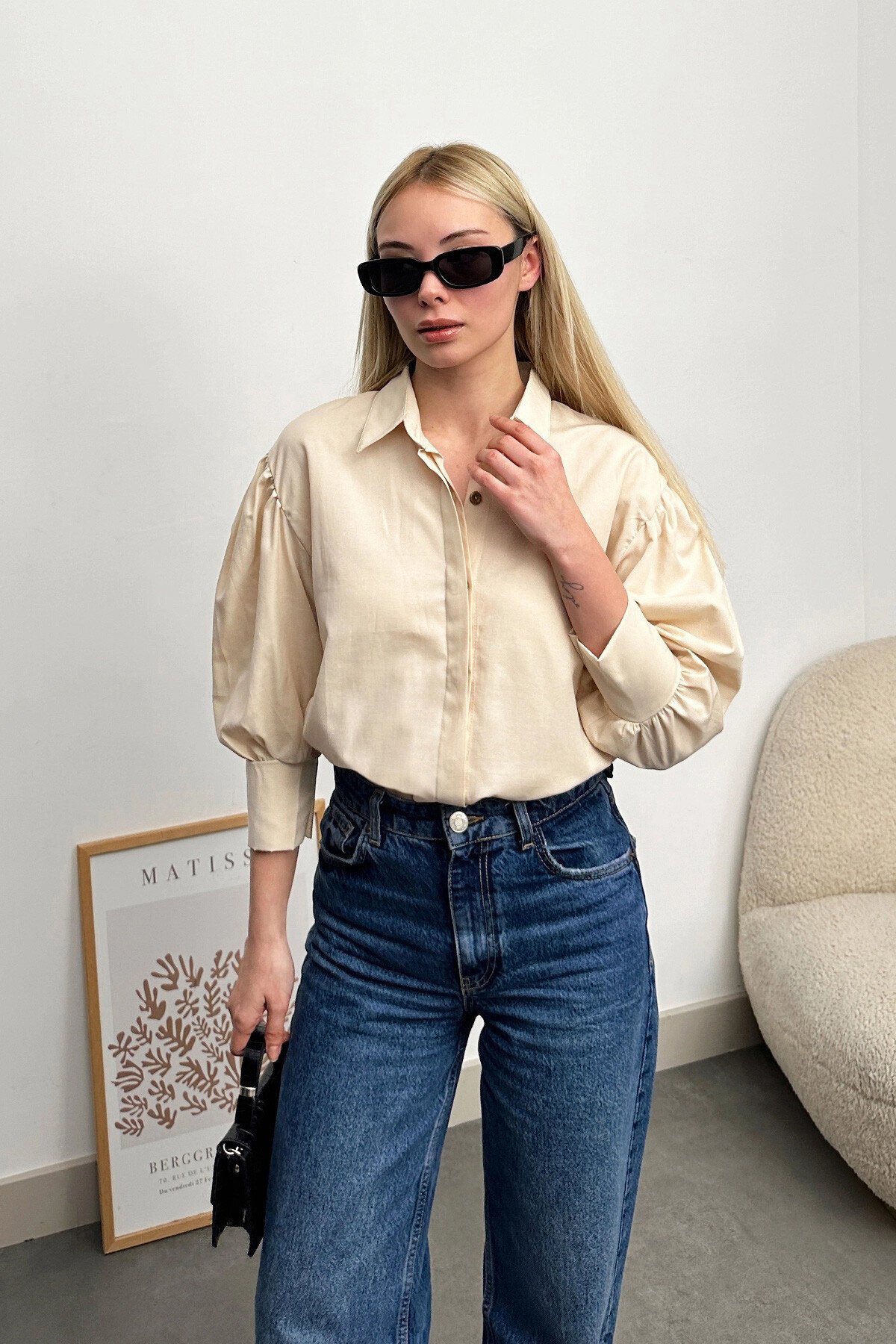 Bej Balon Kol Gizli Patlı Dokuma Gömlek