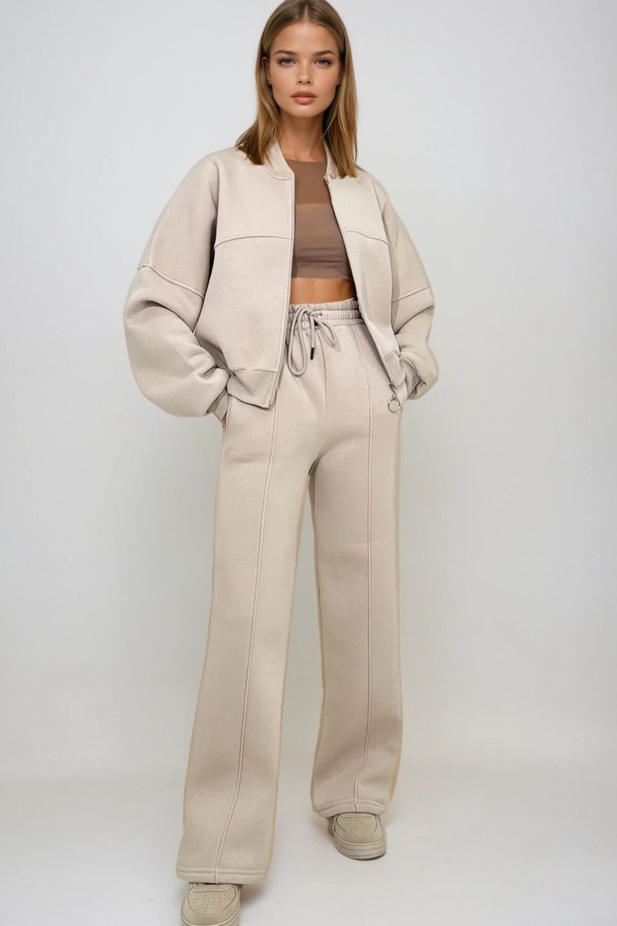 Bej Bisiklet Yaka 3 İplik Şardonlu Önü Fermuarlı Sweat Ve Çimalı Pantolon Takım