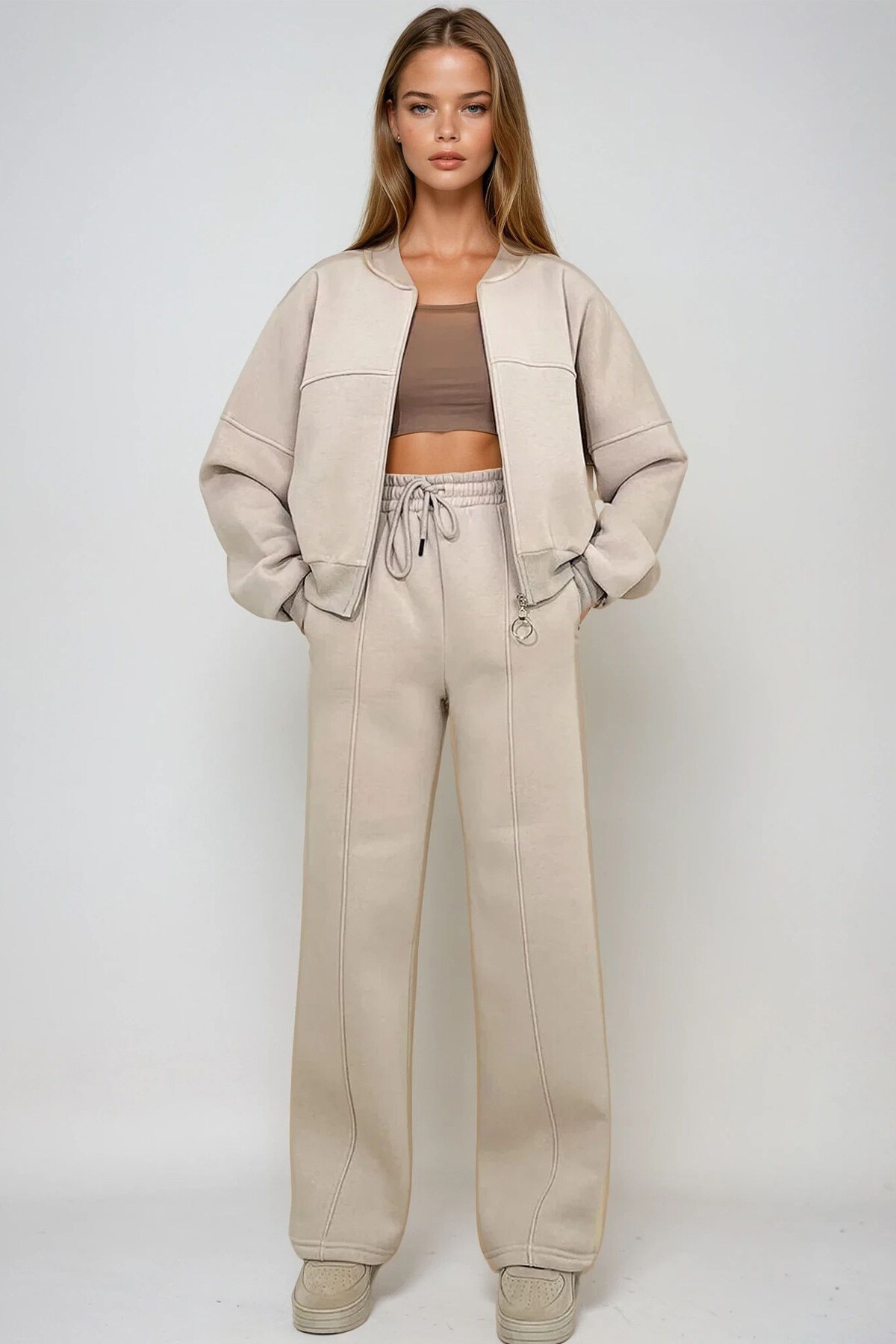 Bej Bisiklet Yaka 3 İplik Şardonlu Önü Fermuarlı Sweat Ve Çimalı Pantolon Takım