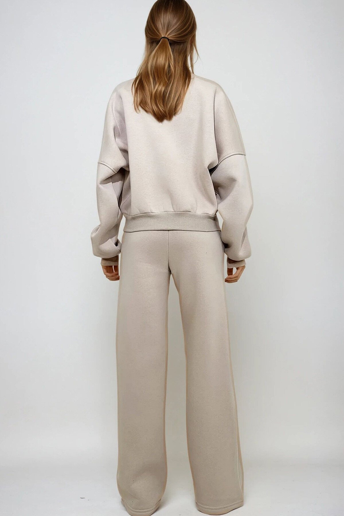 Bej Bisiklet Yaka 3 İplik Şardonlu Önü Fermuarlı Sweat Ve Çimalı Pantolon Takım