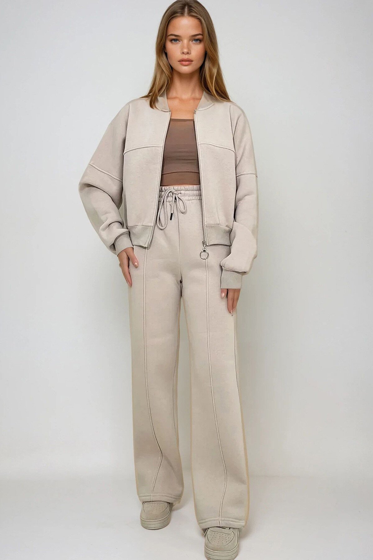 Bej Bisiklet Yaka 3 İplik Şardonlu Önü Fermuarlı Sweat Ve Çimalı Pantolon Takım