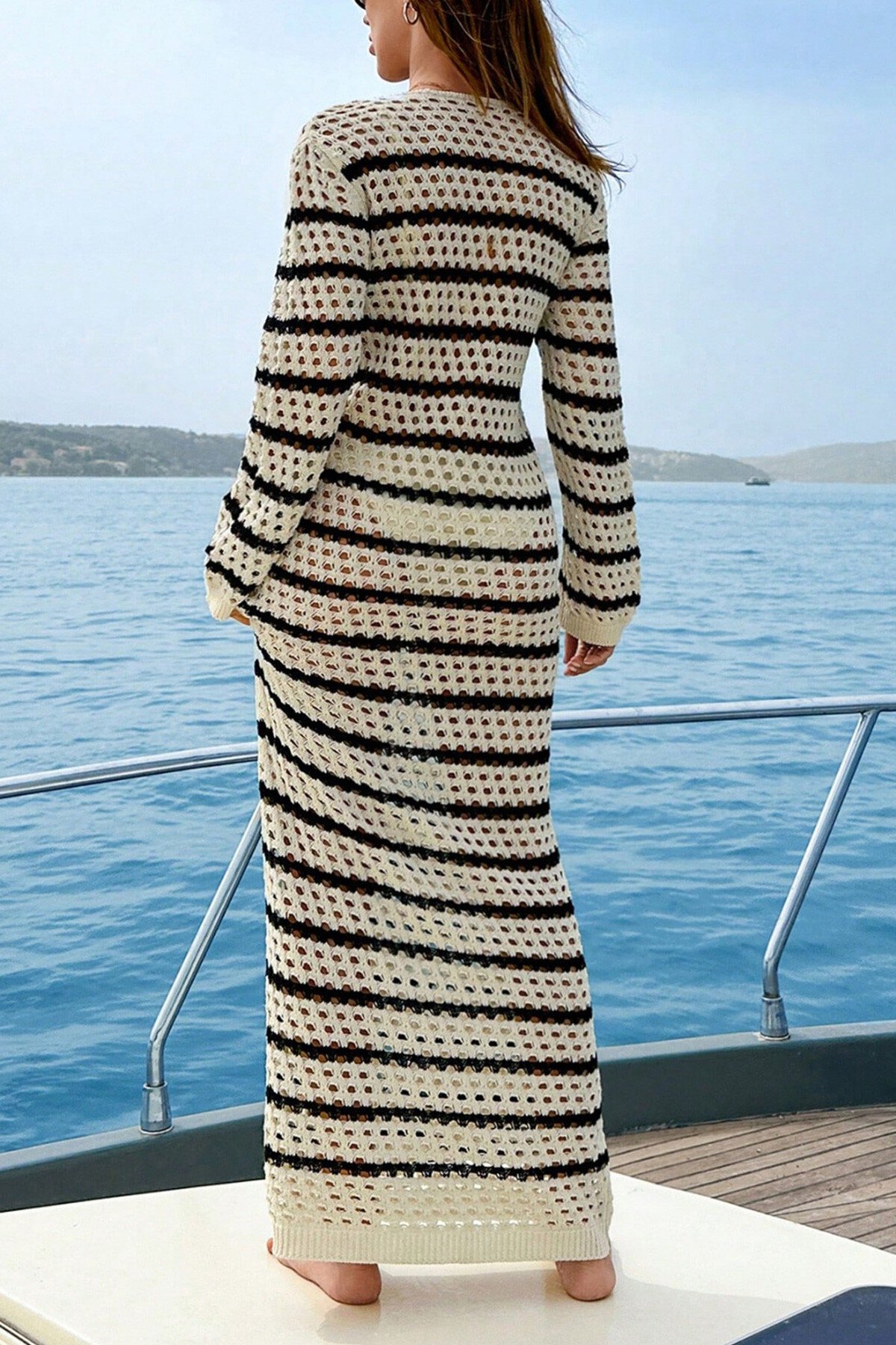 Bej Bisiklet Yaka Ajurlu Maxi Boy Triko Elbise