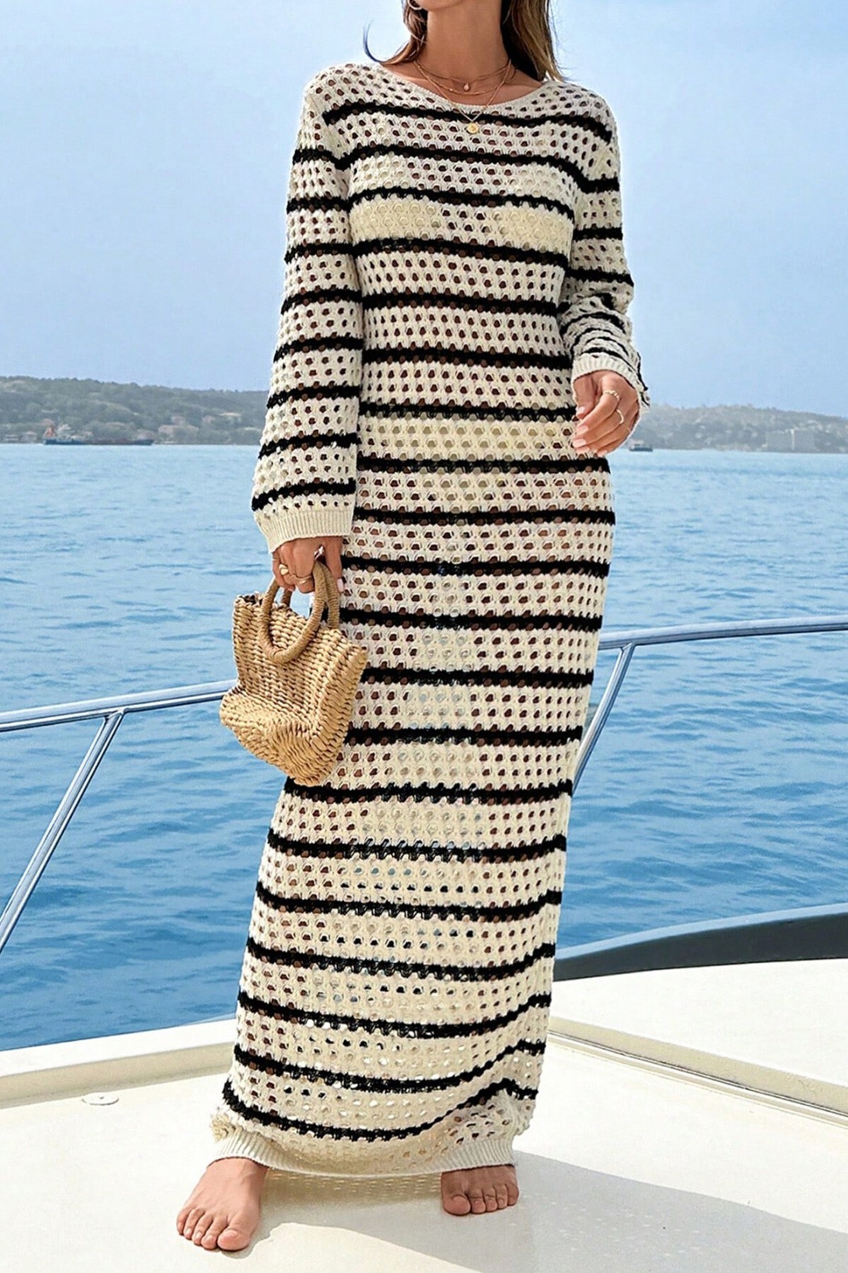 Bej Bisiklet Yaka Ajurlu Maxi Boy Triko Elbise