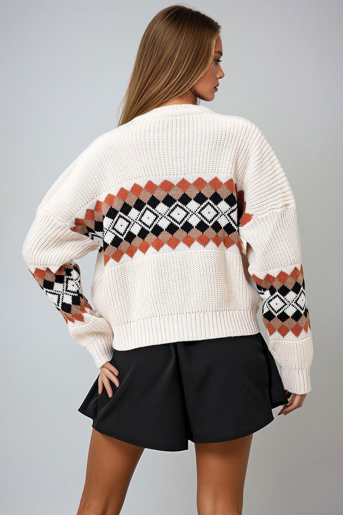 Bej Bisiklet Yaka Triko Crop Kazak