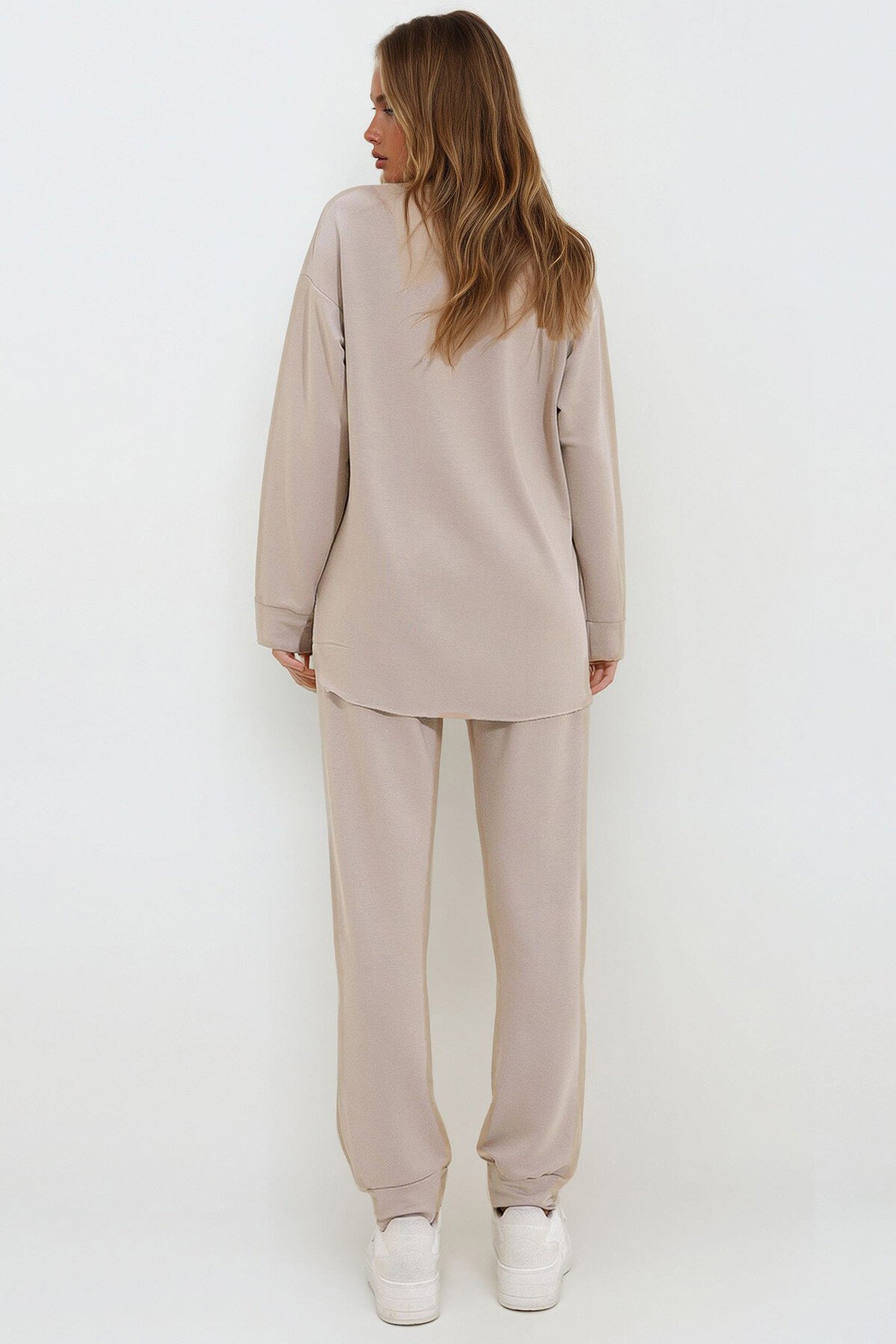 Bej Bisiklet Yaka Yanları Yırtmaçlı Yumuşak Dokulu Modal Eşofman Takım