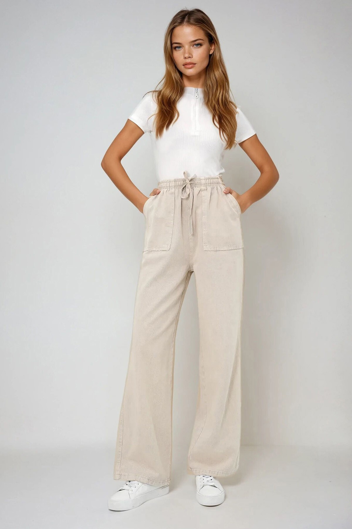 Bej Çift Cepli Bağlamalı Gabardin Palazzo Pantolon