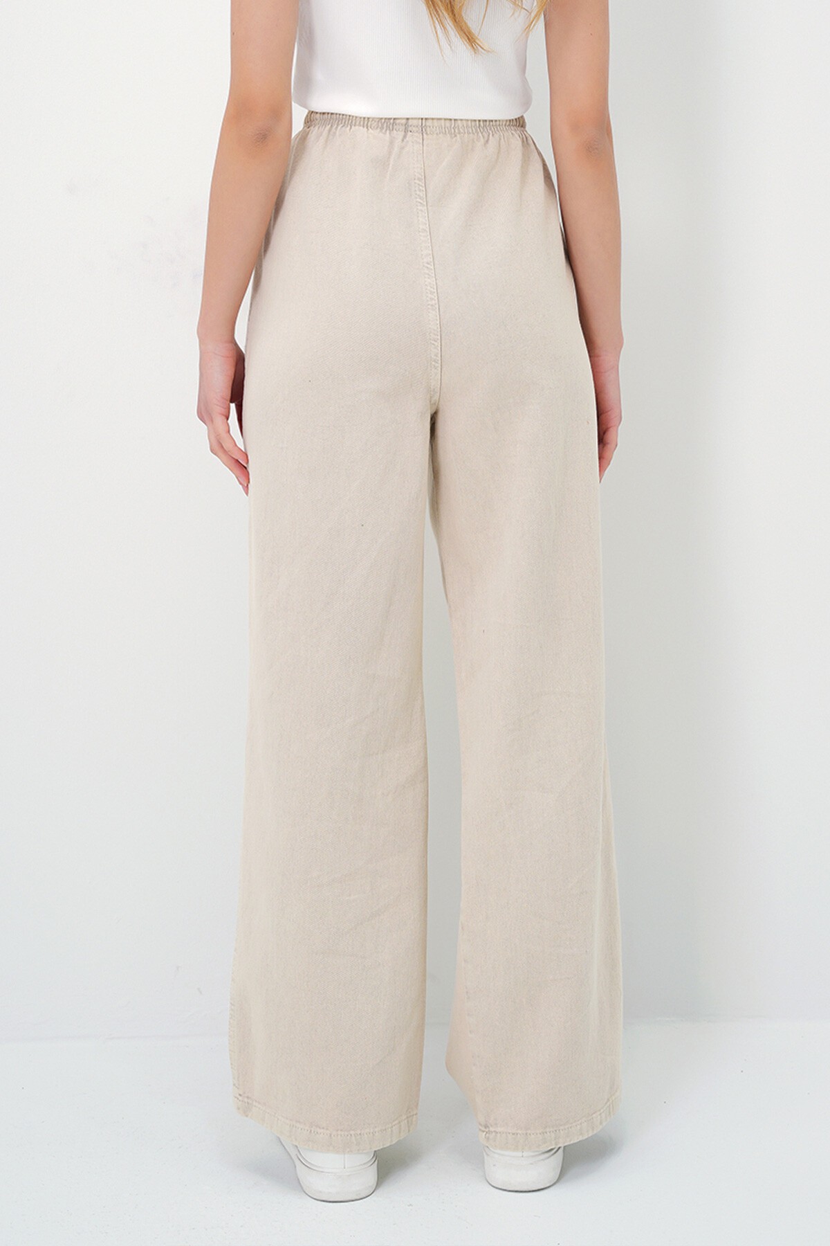 Bej Çift Cepli Bağlamalı Gabardin Palazzo Pantolon