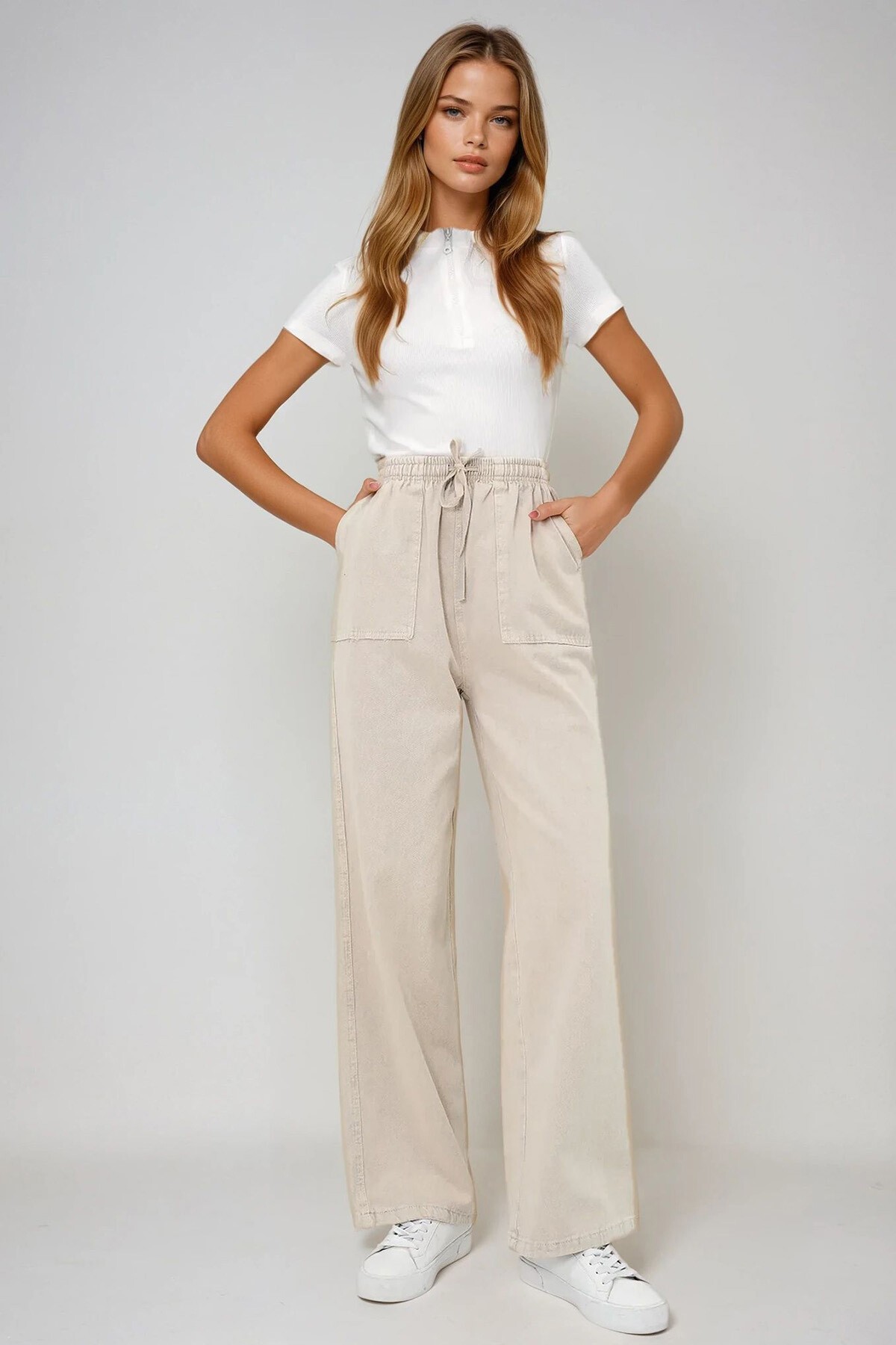 Bej Çift Cepli Bağlamalı Gabardin Palazzo Pantolon