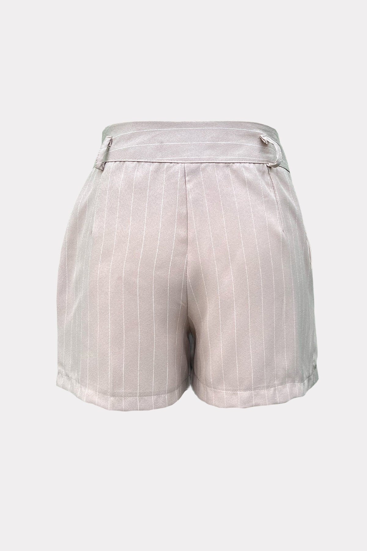 Bej Çift Cepli Çizgili Dokuma Şort Etek