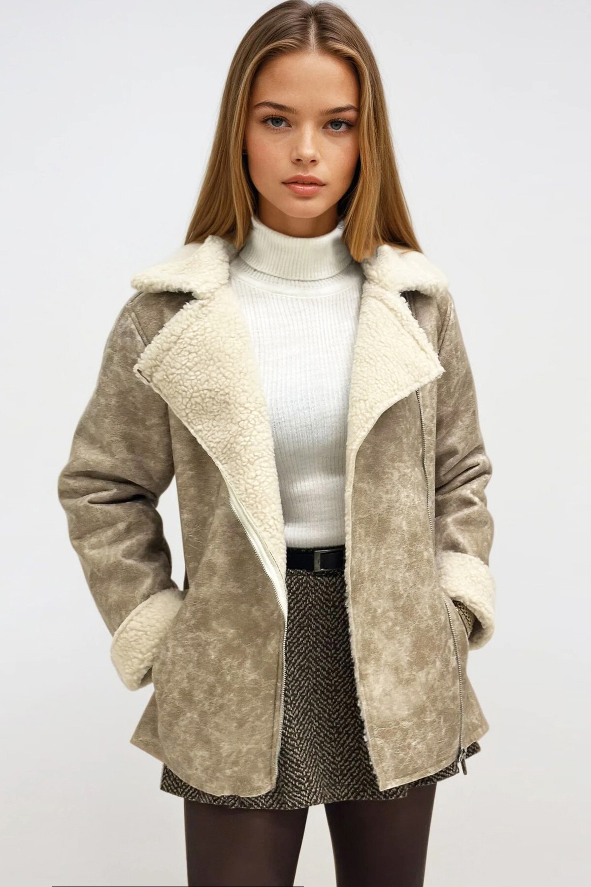 Bej Çift Cepli İçi Suni Kürklü Suni Deri Biker Ceket