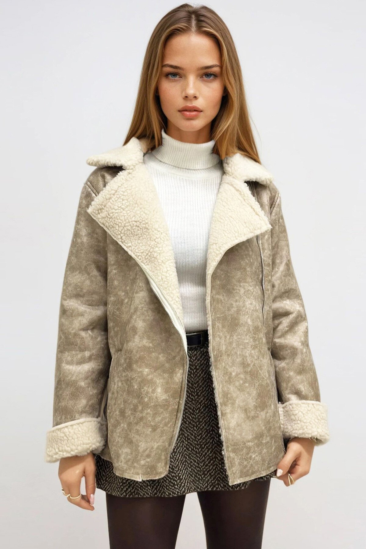 Bej Çift Cepli İçi Suni Kürklü Suni Deri Biker Ceket