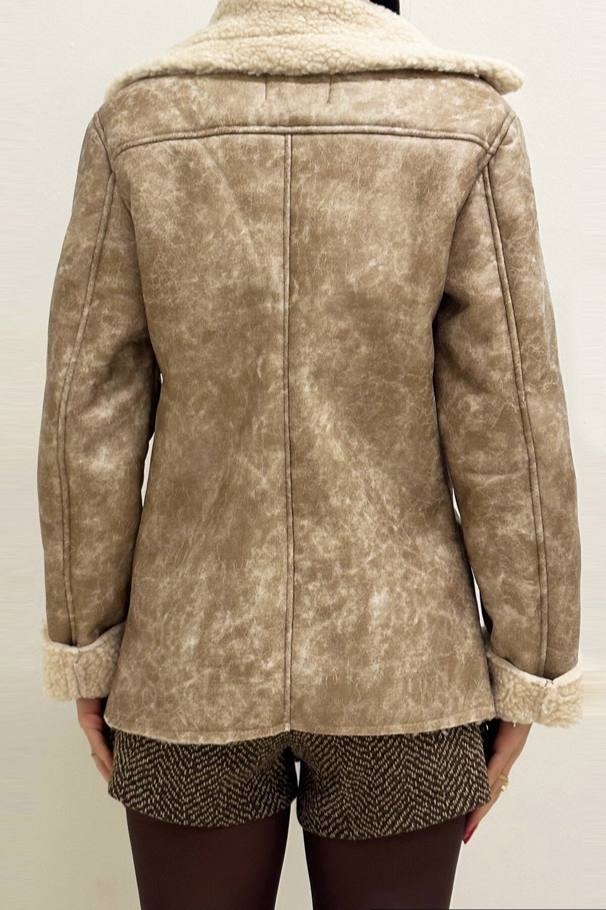 Bej Çift Cepli İçi Suni Kürklü Suni Deri Biker Ceket