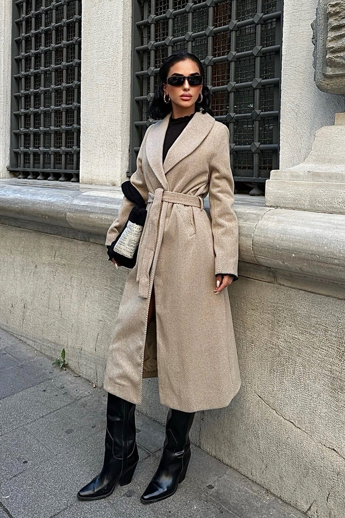 Bej Diyagonal Kaşe Kaban