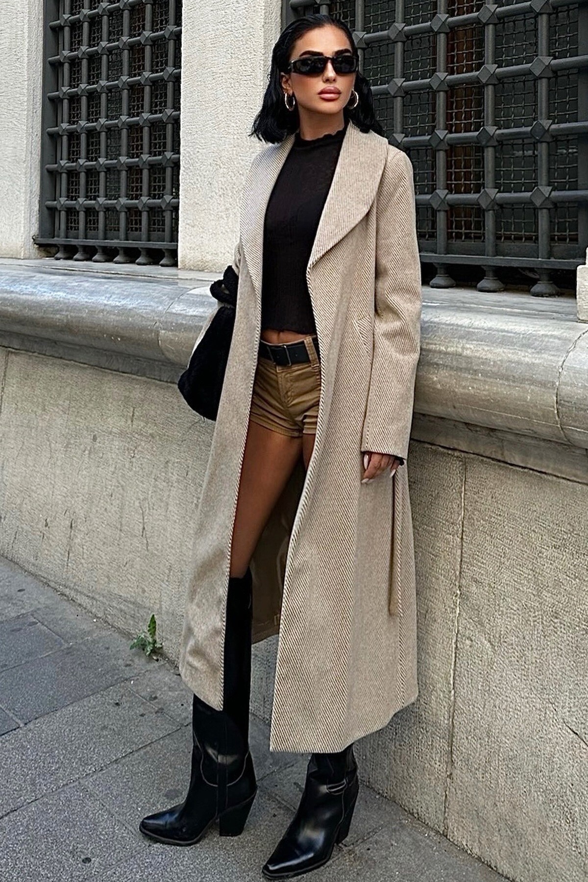 Bej Diyagonal Kaşe Kaban