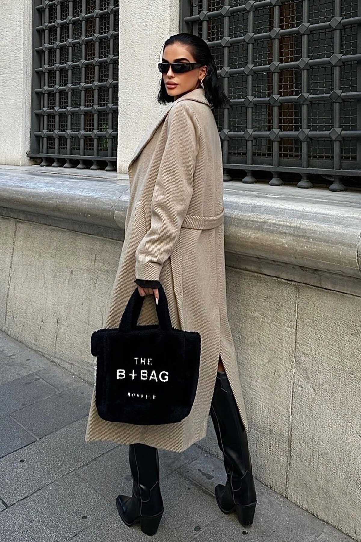 Bej Diyagonal Kaşe Kaban