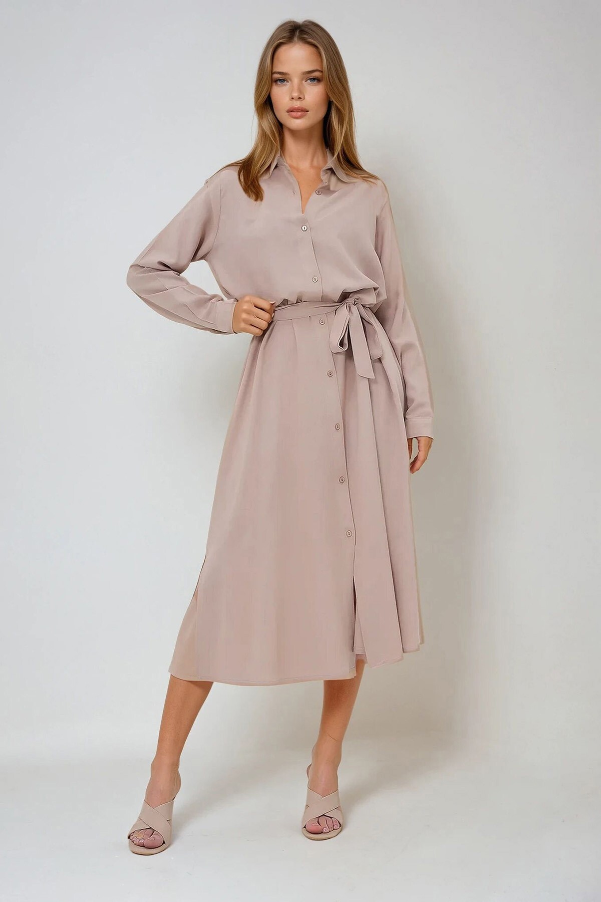 Bej Dokuma Viskon Gömlek Elbise