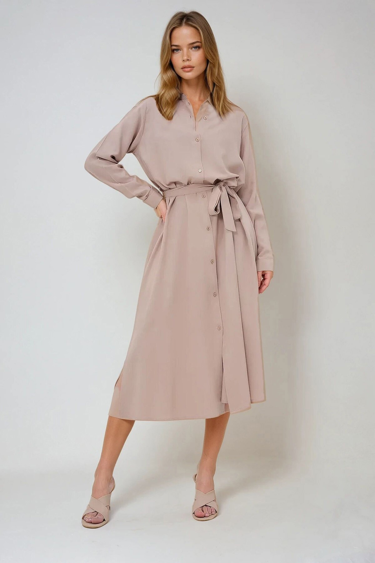 Bej Dokuma Viskon Gömlek Elbise