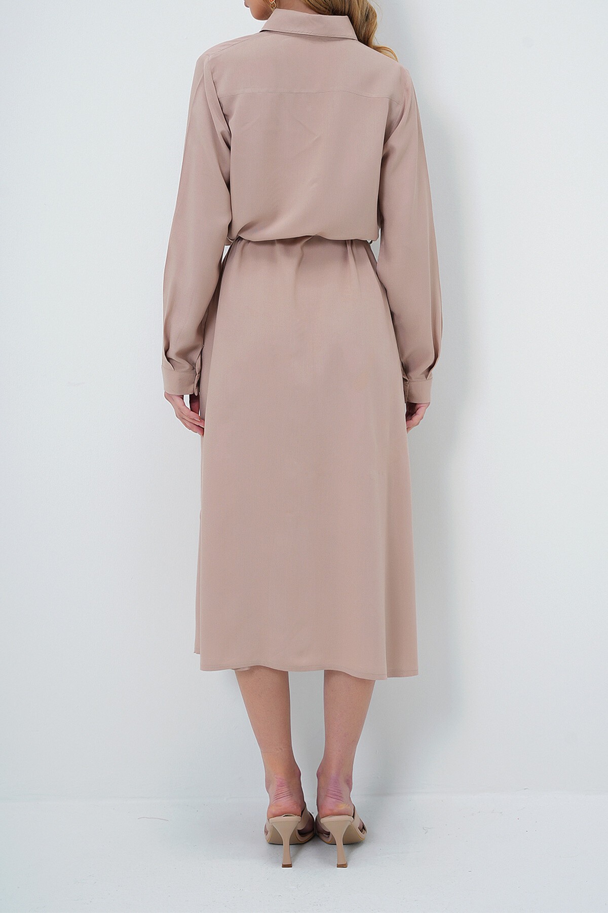 Bej Dokuma Viskon Gömlek Elbise