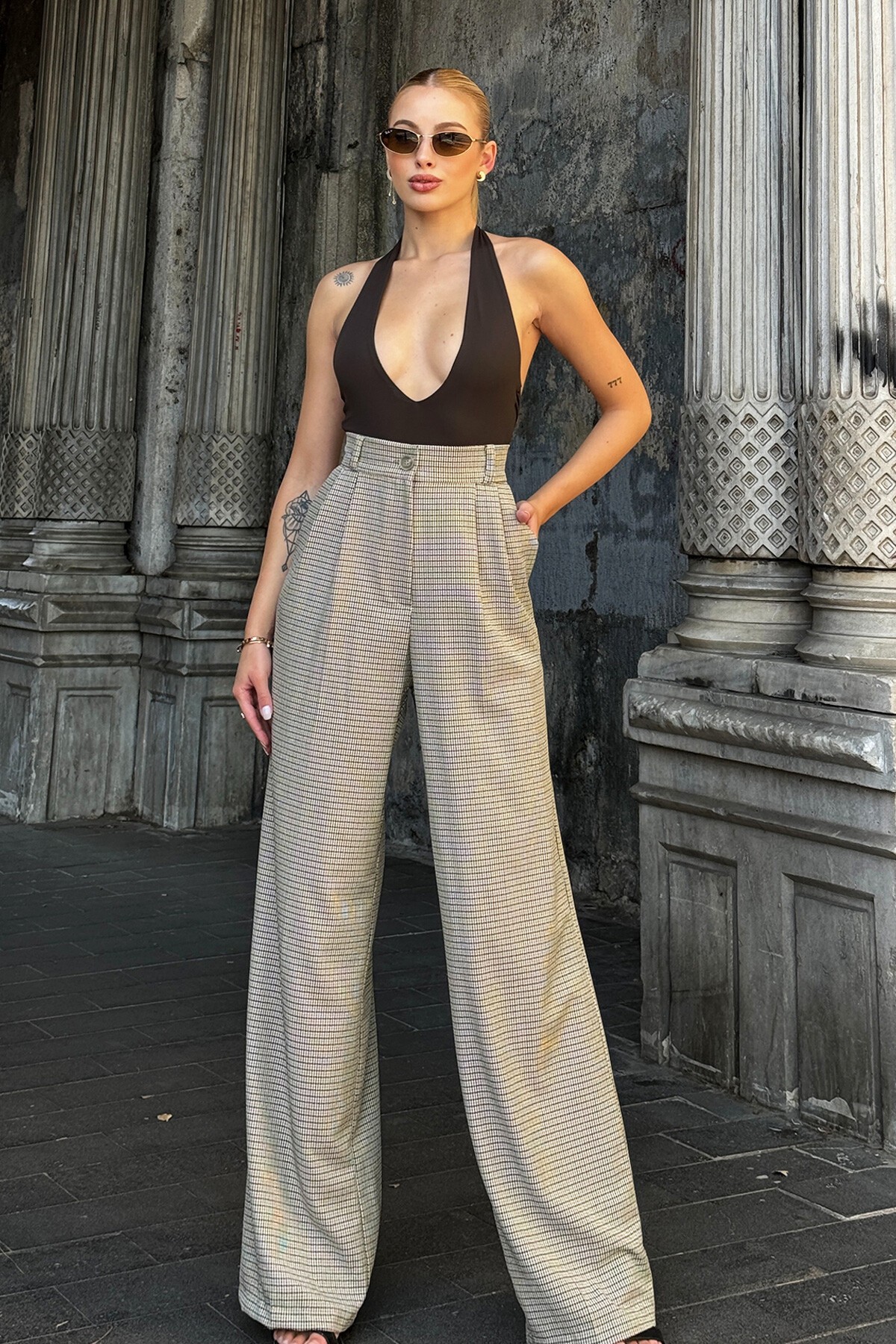 Bej Ekoseli Palazzo Pantolon