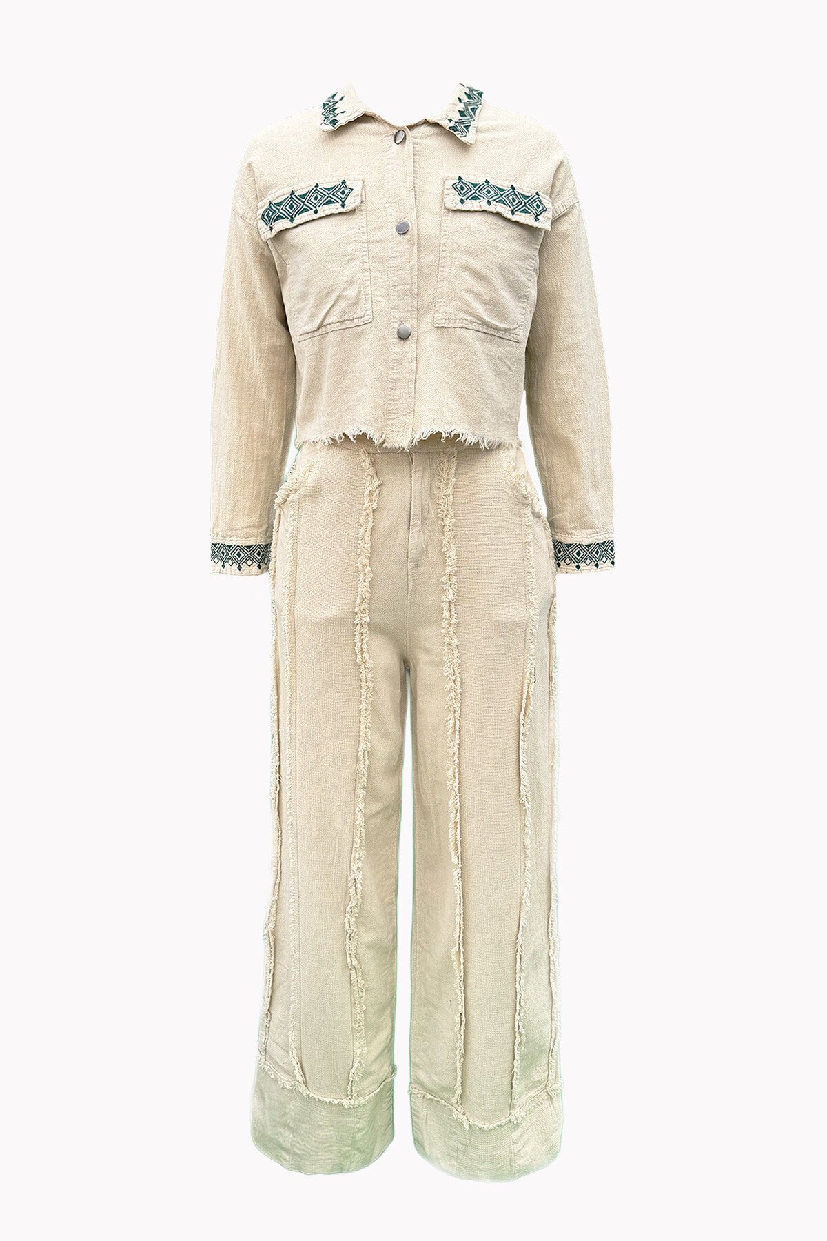 Bej Etnik Nakışlı Püskül Detaylı Ceket Ve Pantolonlu Keten İkili Takım