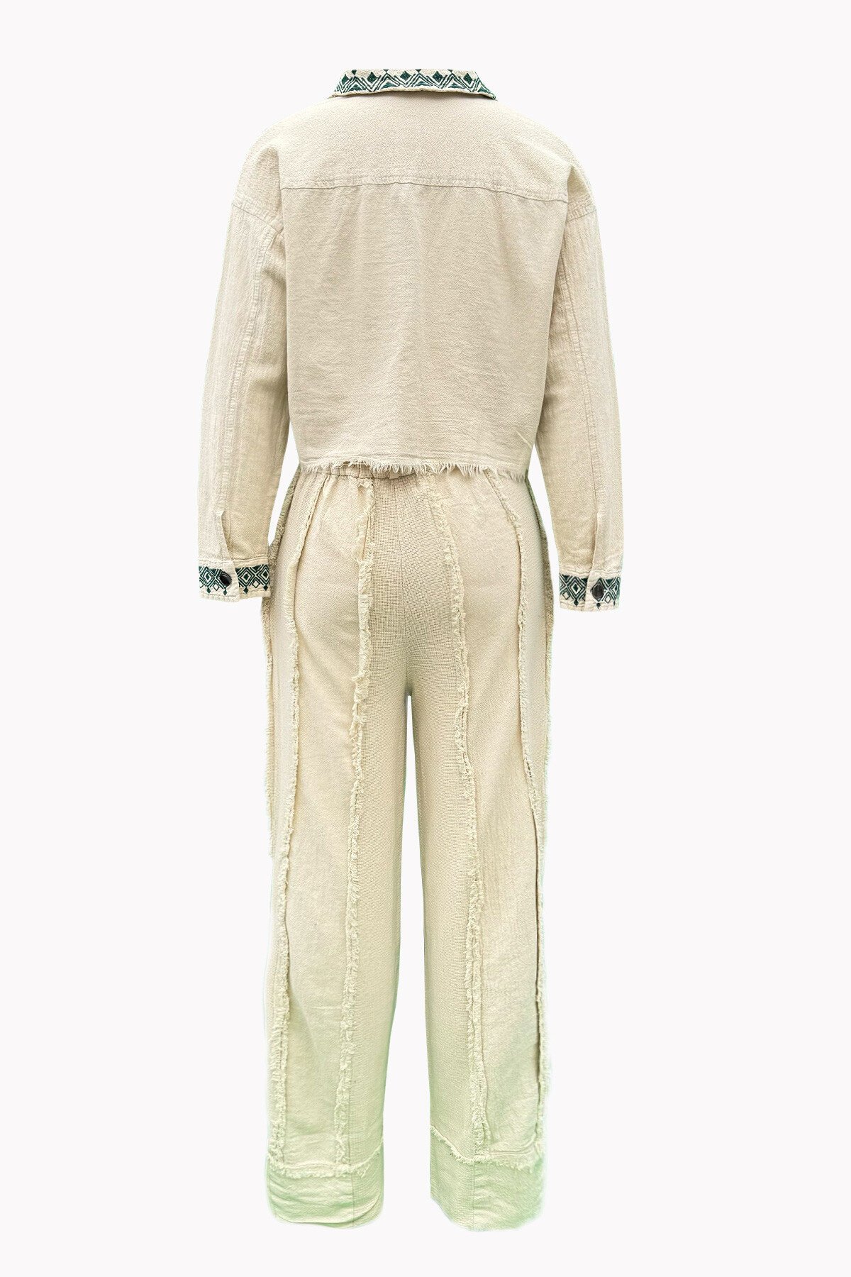 Bej Etnik Nakışlı Püskül Detaylı Ceket Ve Pantolonlu Keten İkili Takım