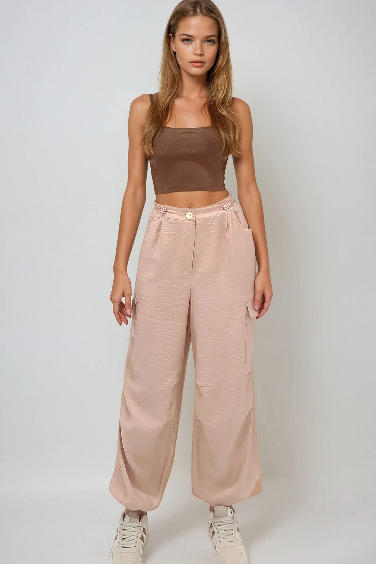 Bej Kargo Cepli Paçası Lastikli Aerobin Dokuma Kargo Pantolon