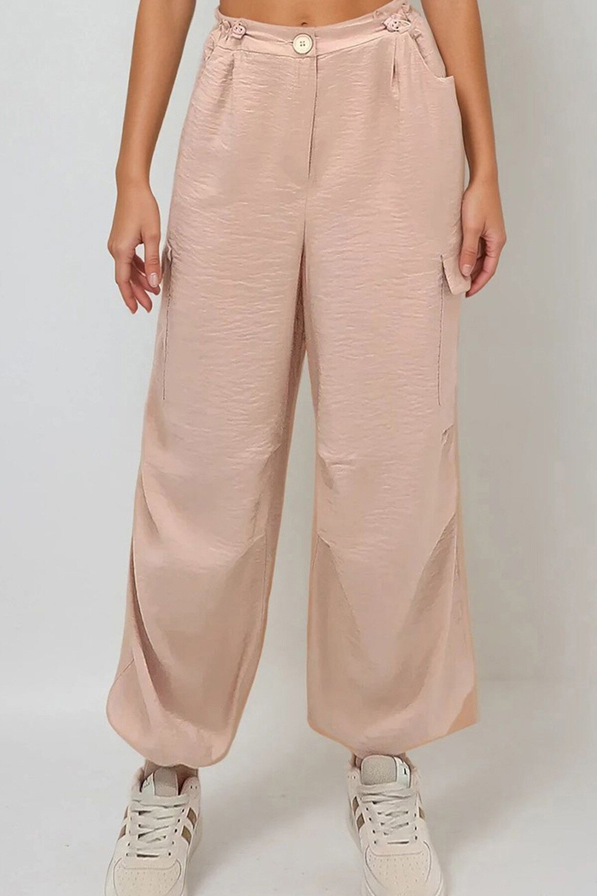 Bej Kargo Cepli Paçası Lastikli Aerobin Dokuma Kargo Pantolon