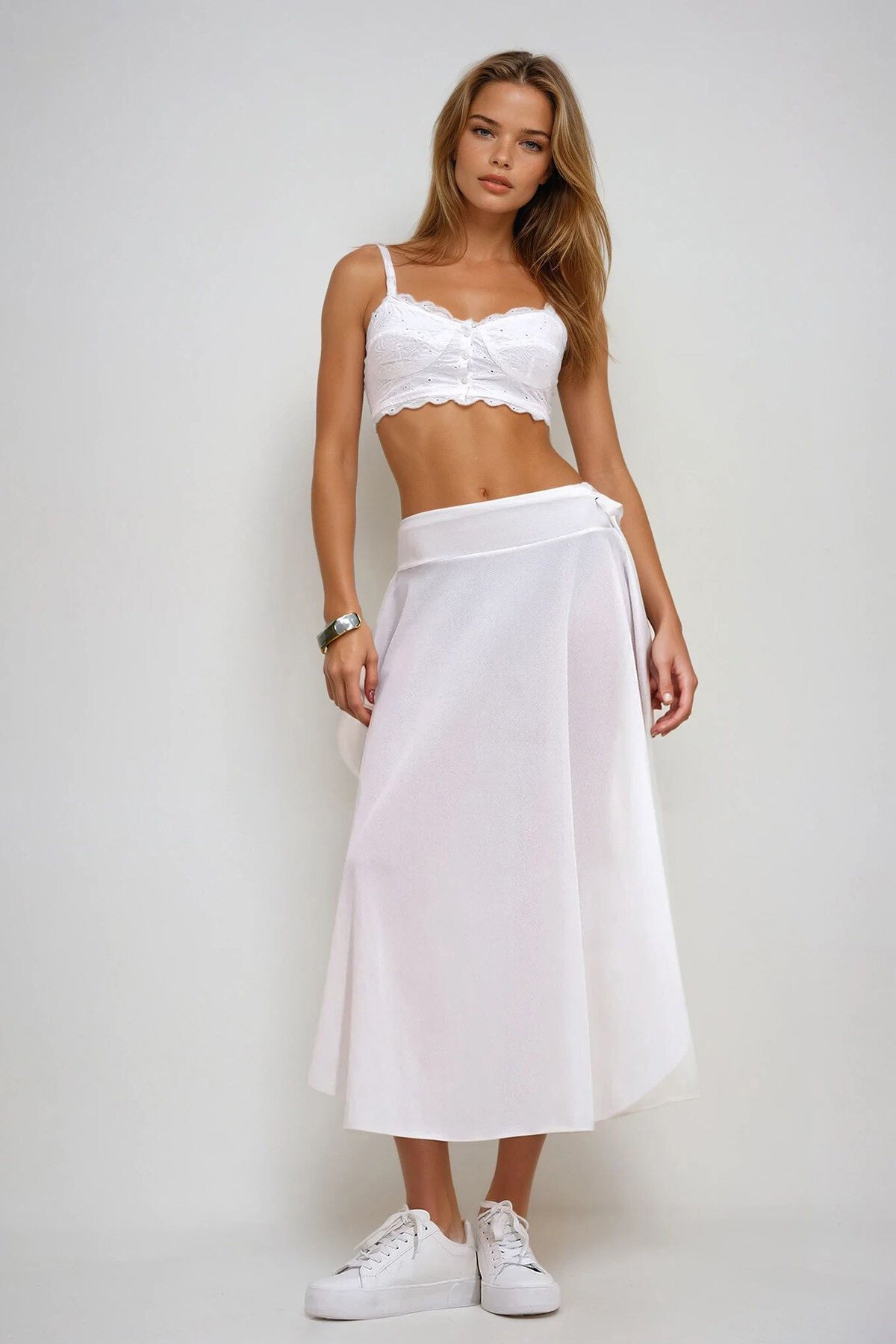 Beyaz Asimetrik Kesim Beli Bağlamalı Etek