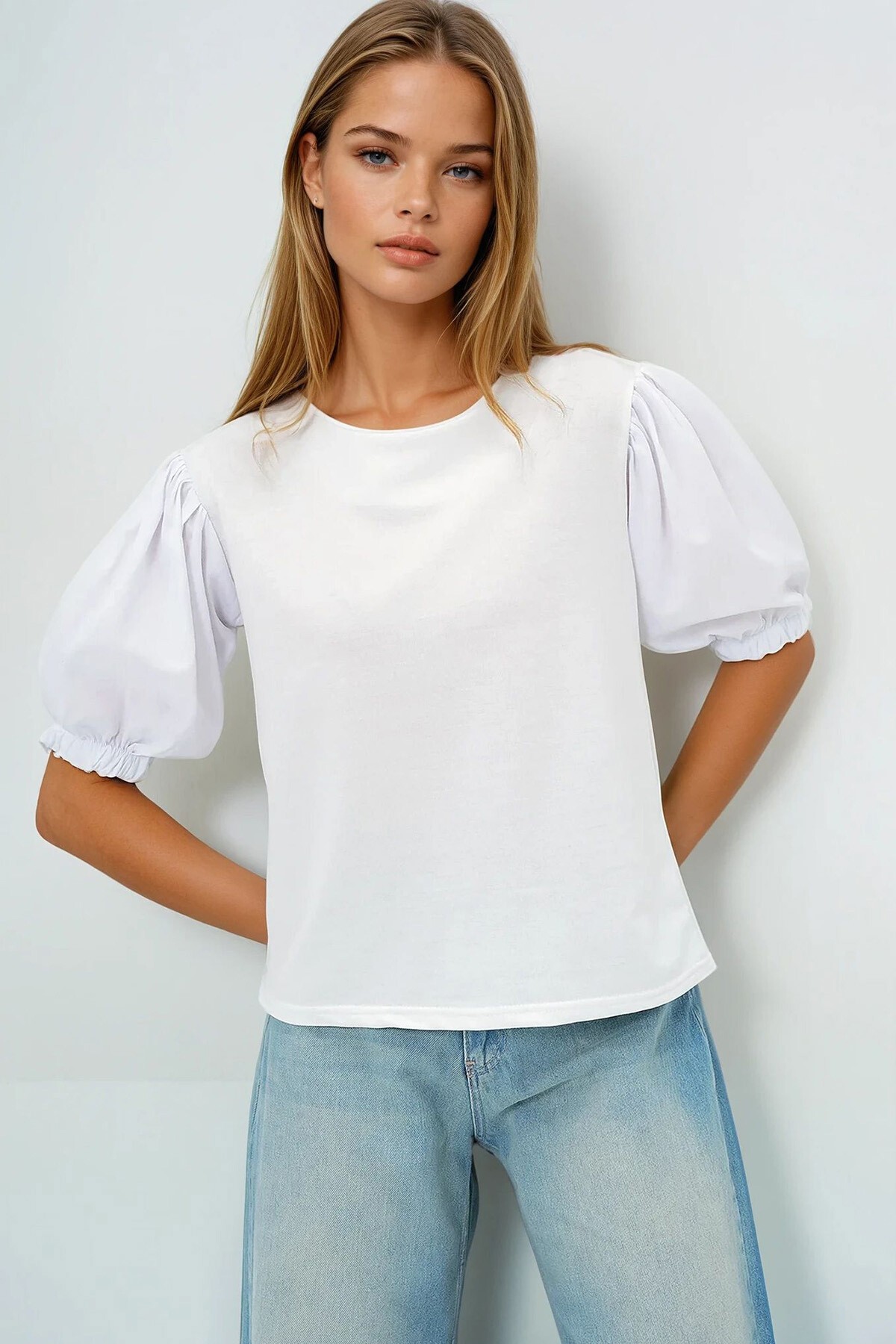 Beyaz Geniş  Yaka Poplin Karpuz Kollu İki İplik Bluz