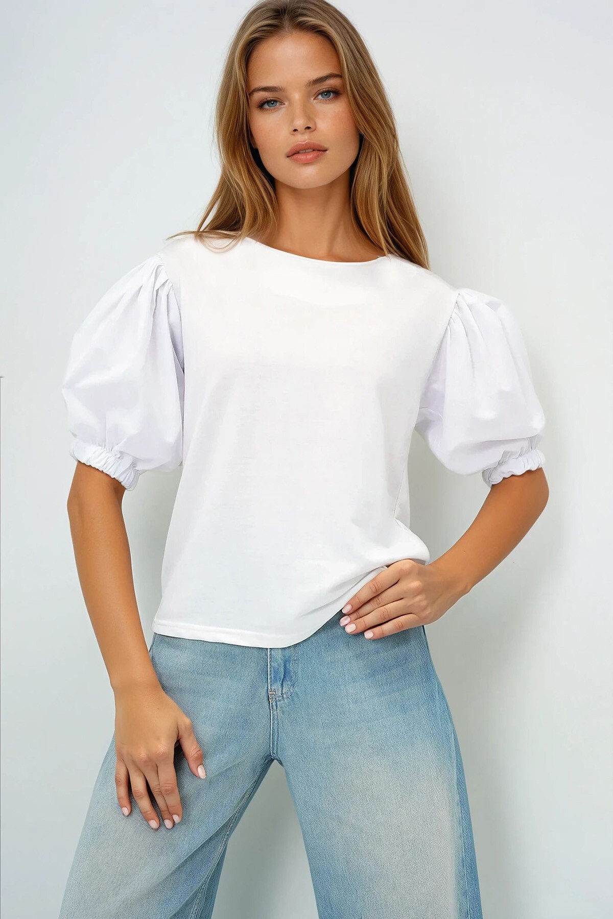 Beyaz Geniş  Yaka Poplin Karpuz Kollu İki İplik Bluz