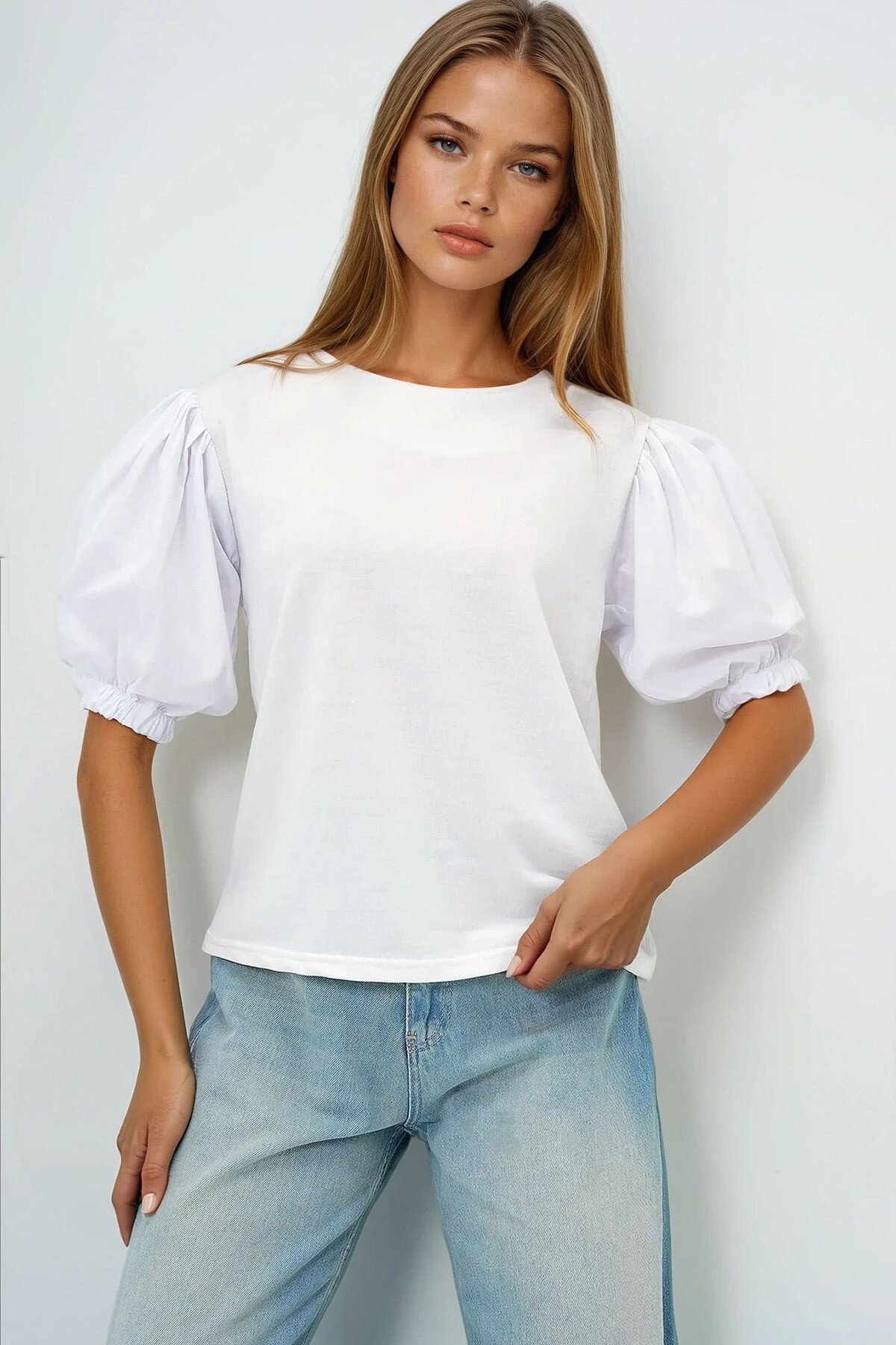 Beyaz Geniş  Yaka Poplin Karpuz Kollu İki İplik Bluz