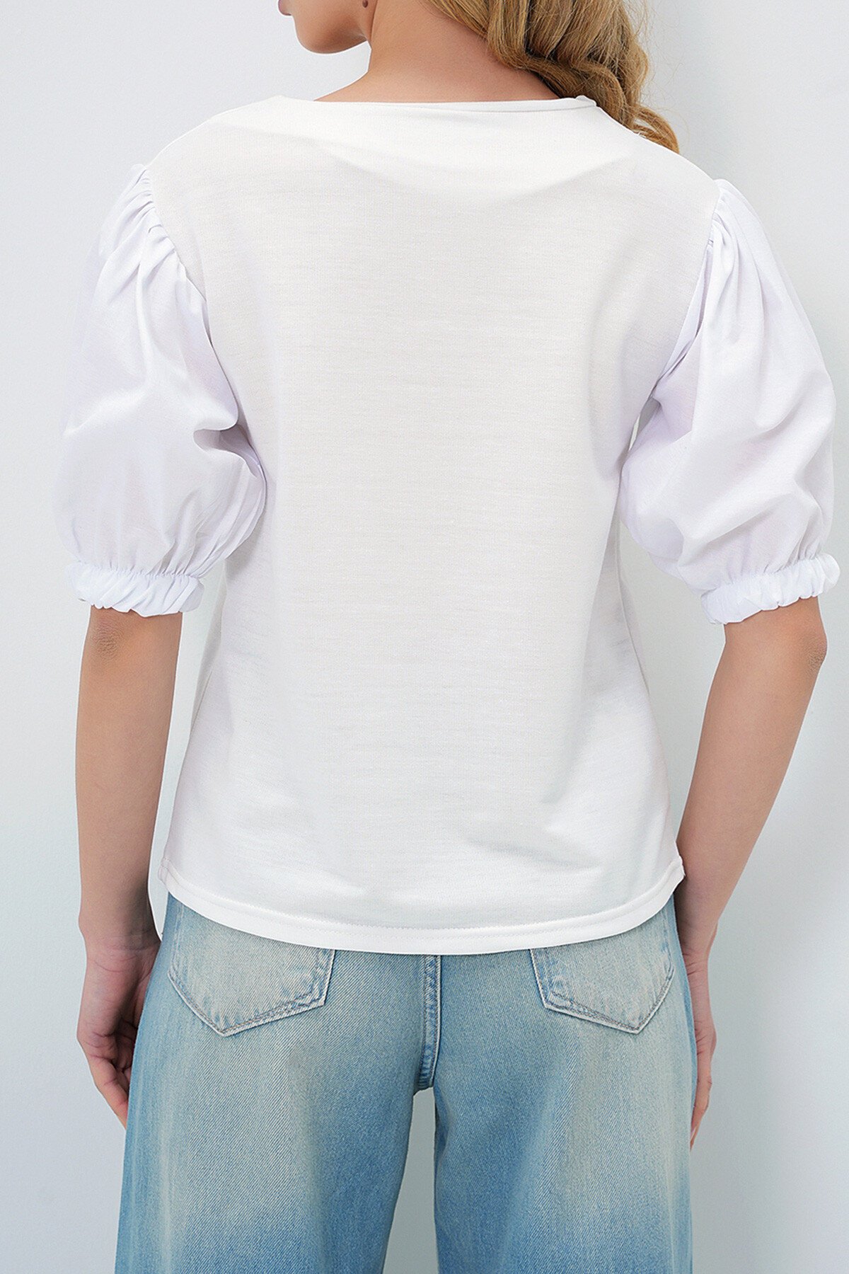 Beyaz Geniş  Yaka Poplin Karpuz Kollu İki İplik Bluz