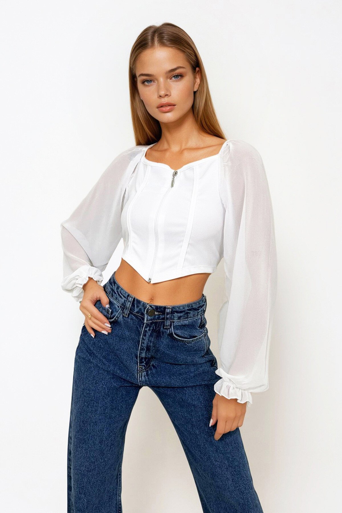 Beyaz Kare Yaka Fermuarlı Kolları Tül Bluz