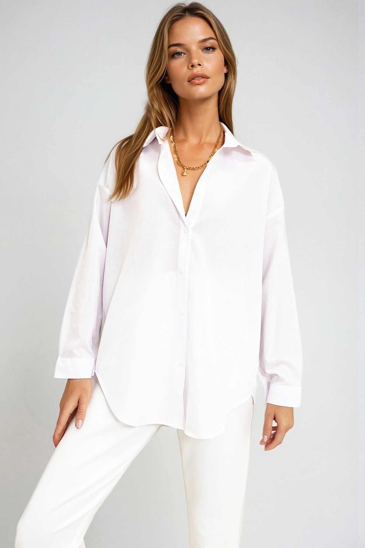 Beyaz Oversize Uzun Dokuma Gömlek