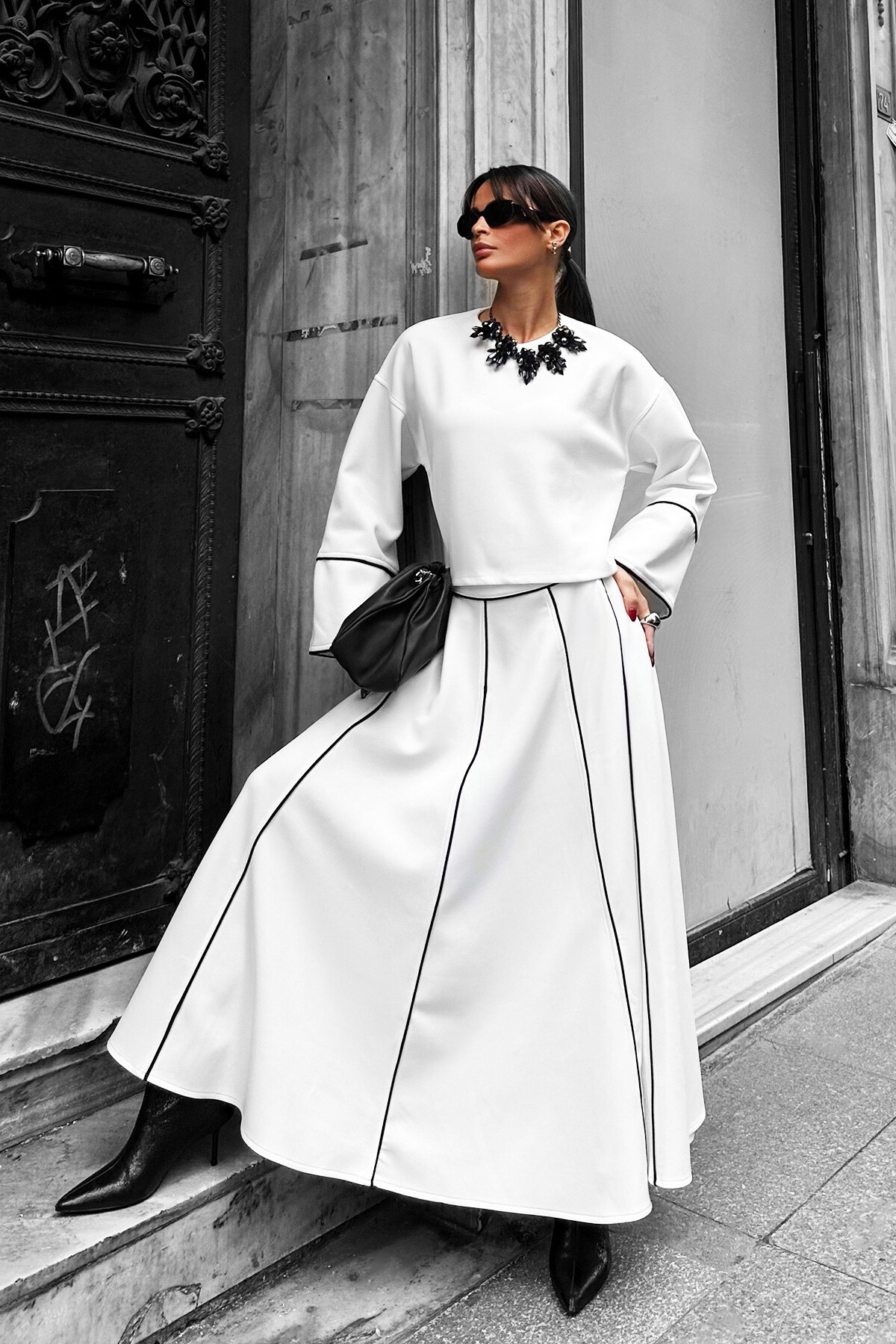 Beyaz Scuba Bluz Ve Etek Takım