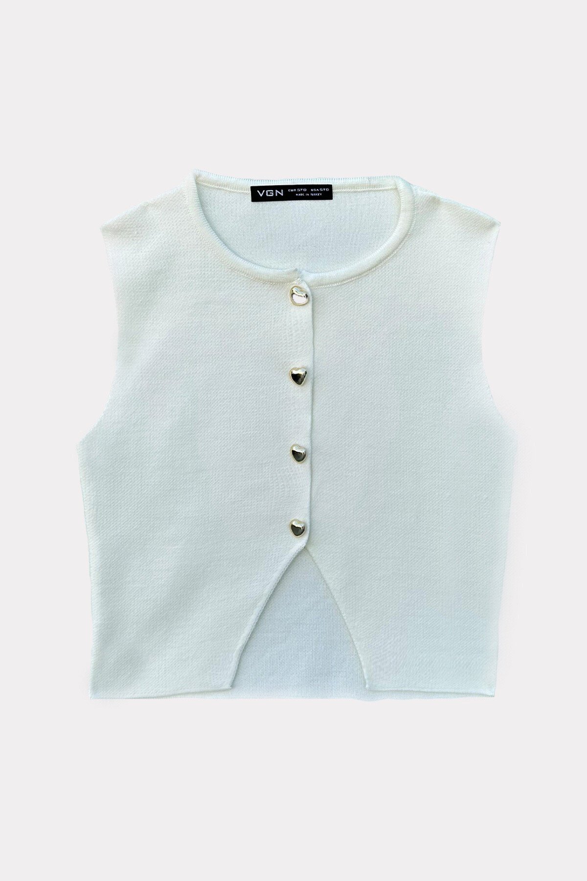 Beyaz V Yaka Gold Düğme Detaylı Triko Yelek