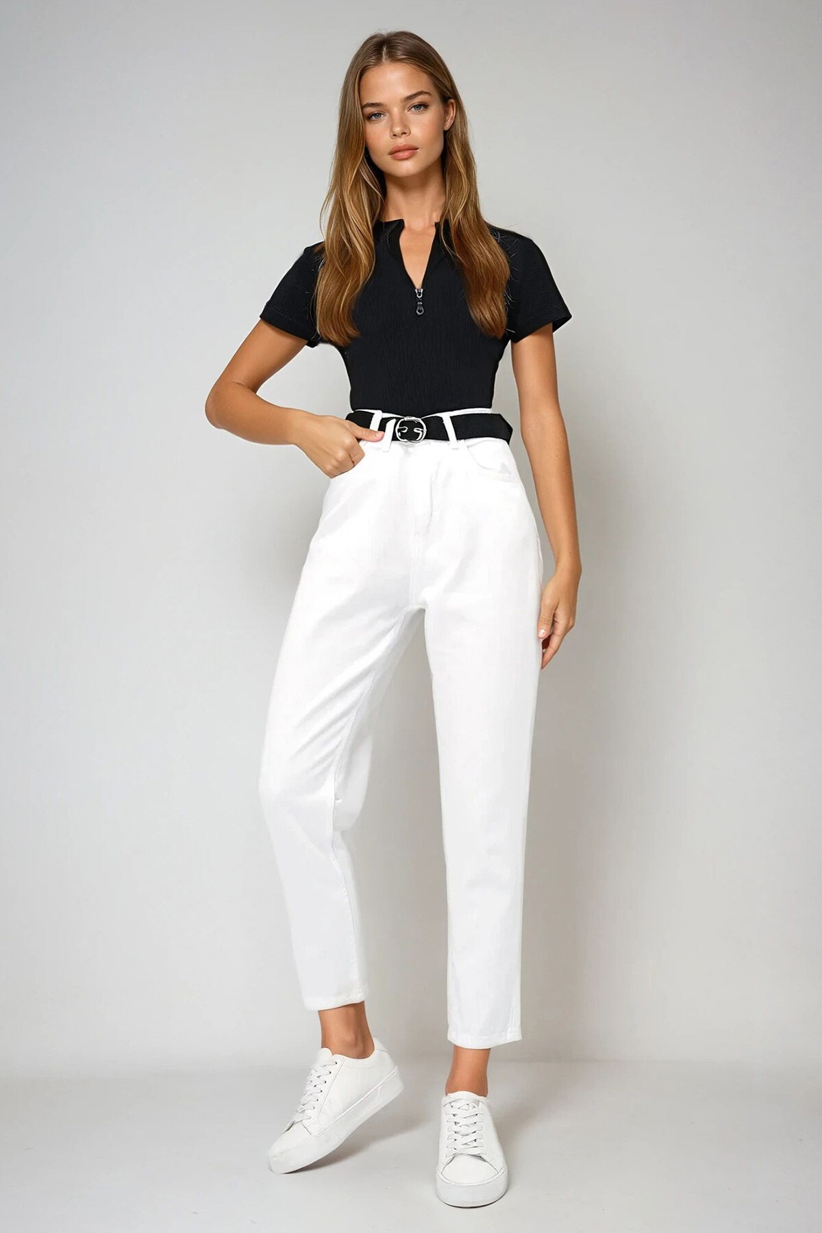 Beyaz Yüksek Bel Cep Detaylı Kemerli Jean Pantolon