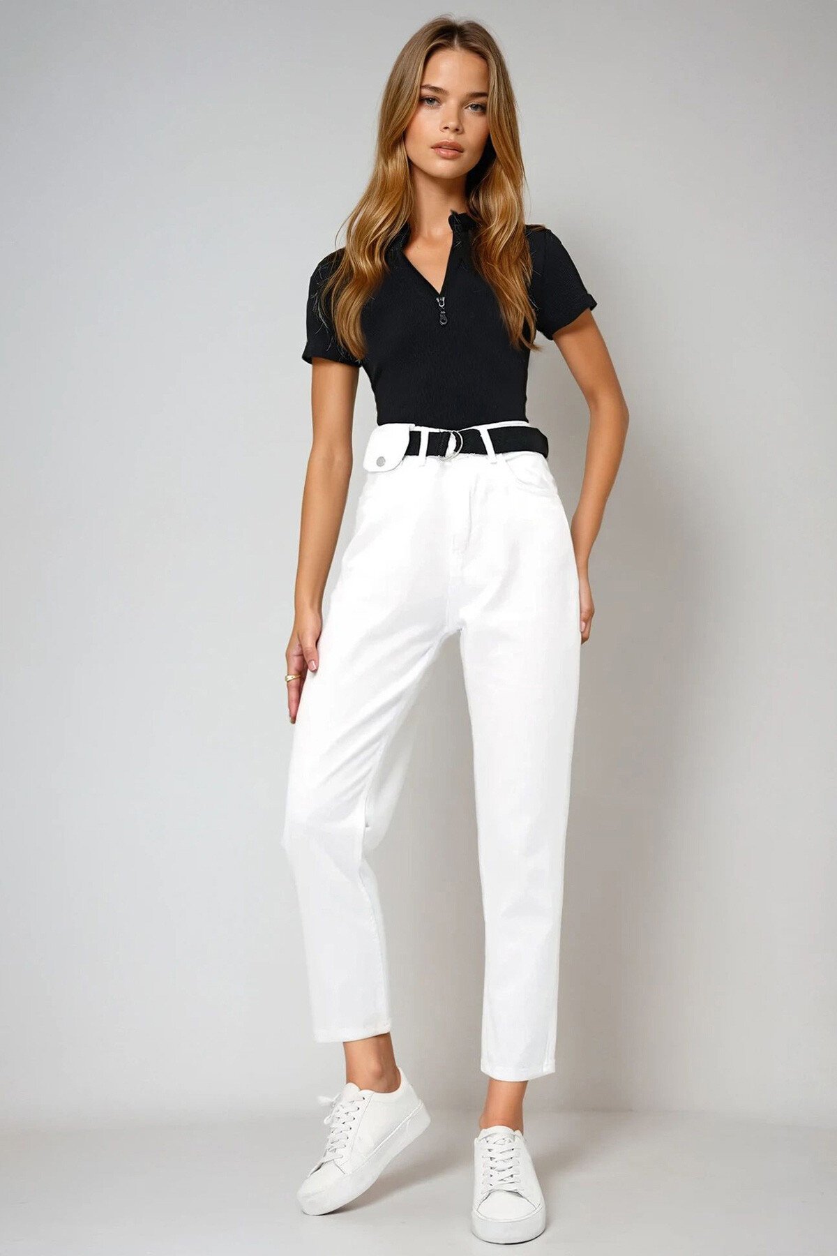 Beyaz Yüksek Bel Cep Detaylı Kemerli Jean Pantolon